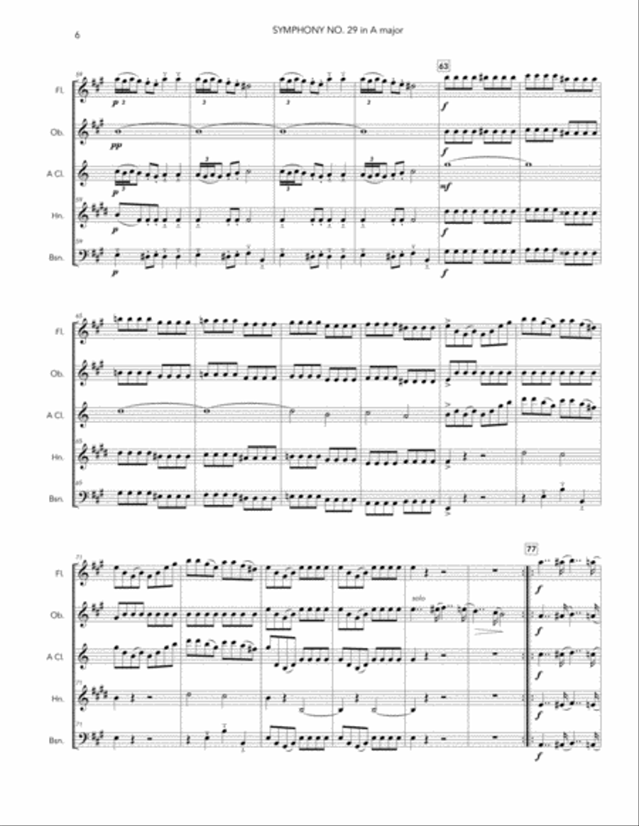 Mozart's Symphony No. 29 for Woodwind Quintet Woodwind Quintet scores gallery preview page 6