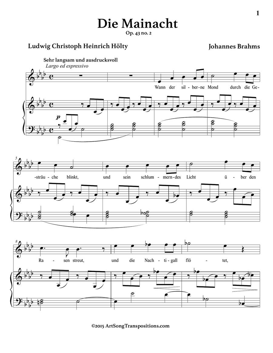 BRAHMS:Die Mainacht, Op. 43 no. 2 (in 9 keys: A-flat, G, F-sharp, F, E, E-flat, D, C-sharp, C major) Piano, Vocal scores gallery preview page 2