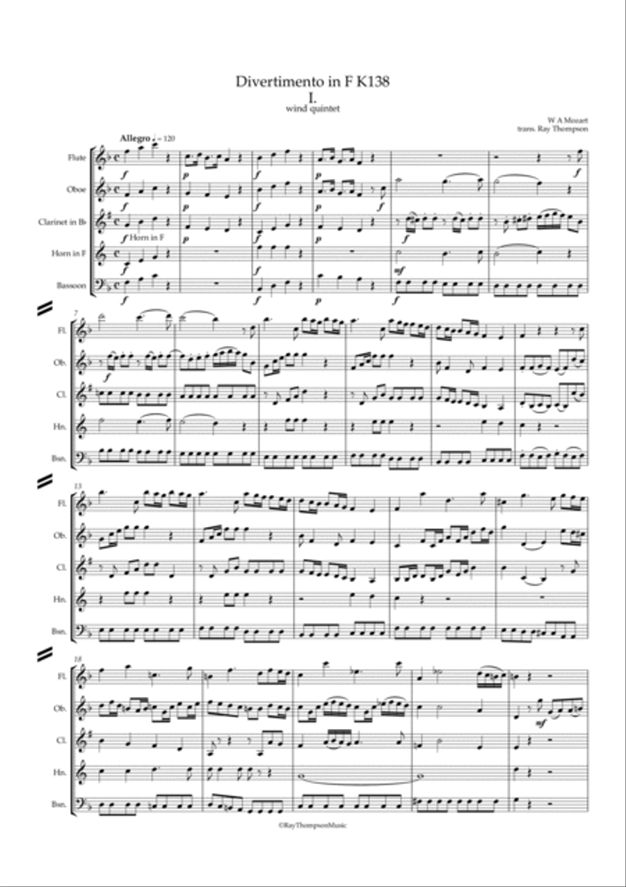 Mozart: Divertimento in F "Salzburg Symphony No.3" K138 - wind quintet image number null