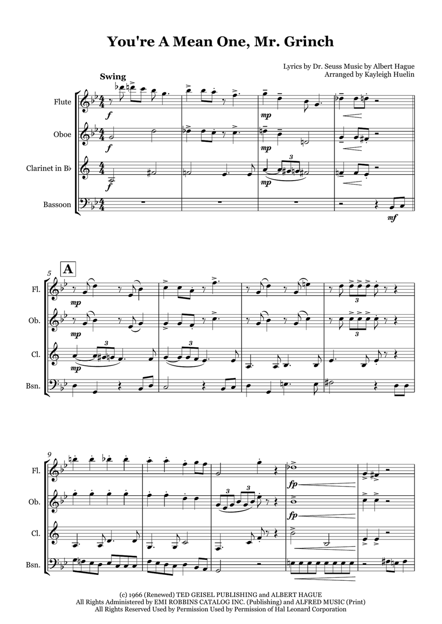 You're A Mean One, Mr. Grinch Woodwind Quartet scores gallery preview page 1