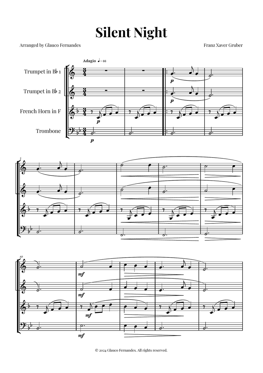 Silent Night | BEAUTIFUL Arrangement Brass Quartet scores gallery preview page 1