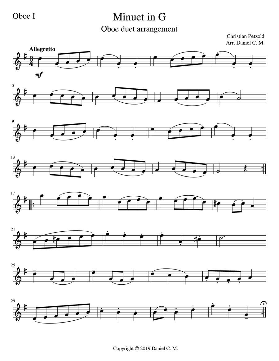 Minuet in G (oboe duet) Woodwind Duet scores gallery preview page 1