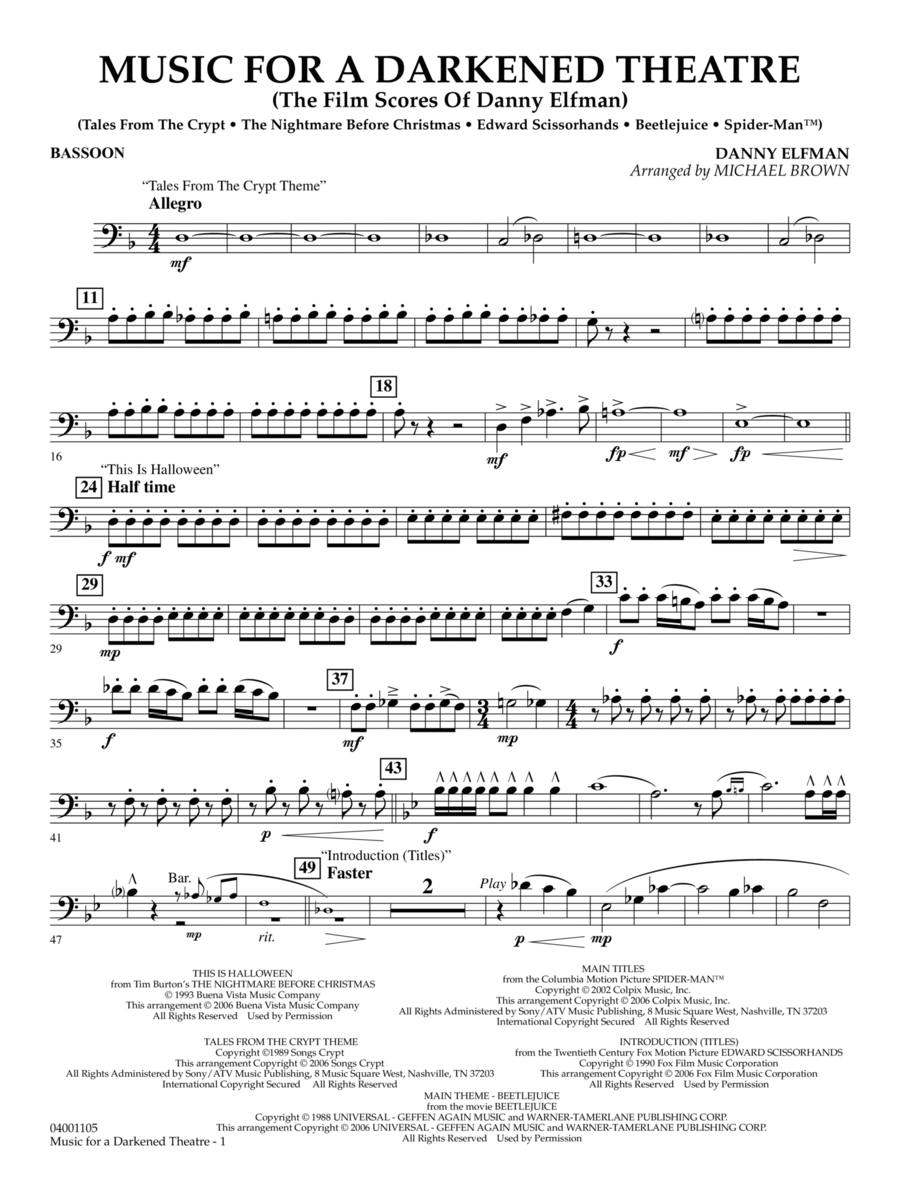 Music for a Darkened Theatre (The Film Scores of Danny Elfman) (arr. Brown) - Bassoon Concert Band scores gallery preview page 1