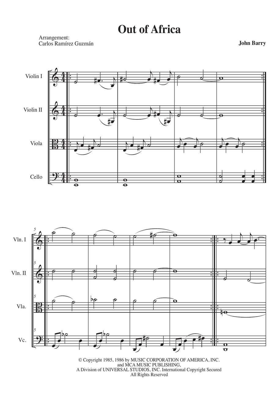 Main Title - Out Of Africa String Quartet scores gallery preview page 1