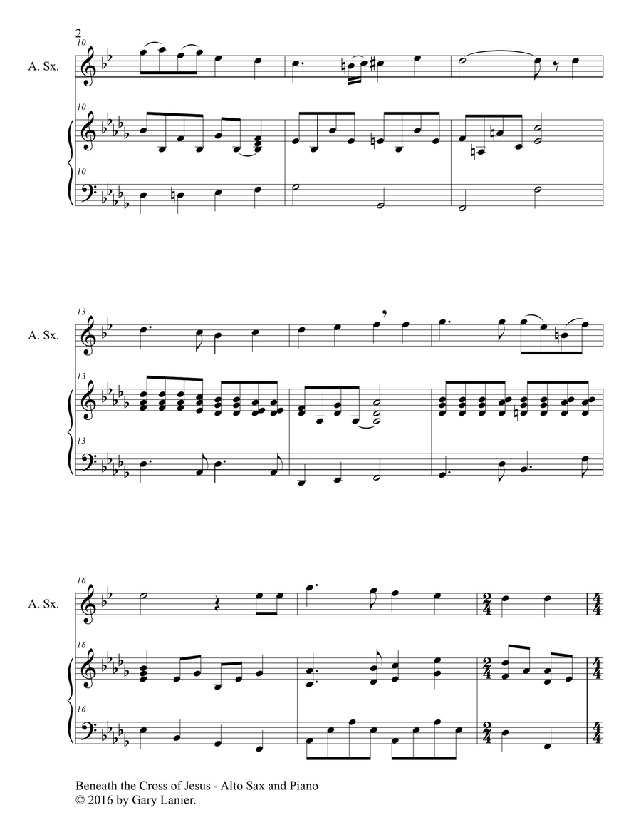 Gary Lanier: BENEATH THE CROSS OF JESUS (Duet – Alto Sax & Piano with Parts) Woodwind Duet scores gallery preview page 3