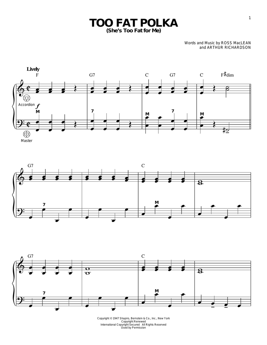 Too Fat Polka (She's Too Fat For Me) Accordion scores gallery preview page 1