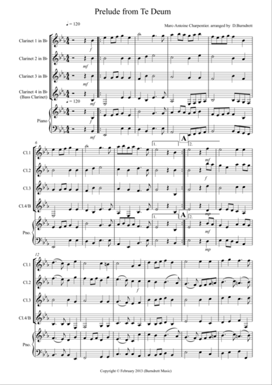 Prelude from Te Deum for Clarinet Quartet Clarinet Quartet scores gallery preview page 1