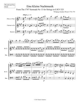Book cover for Mozart 1787 KV 525 Eine Kleine Nachtmusik Woodwind Trio Full Score & Parts