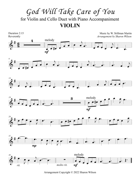 God Will Take Care of You (for Violin and Cello Duet with Piano Accompaniment) by Sharon Wilson Cello - Digital Sheet Music
