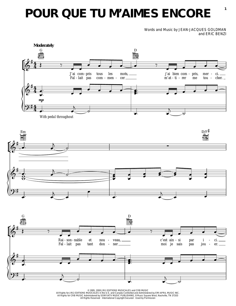Pour Que Tu M'aimes Encore Piano, Vocal, Guitar scores gallery preview page 1