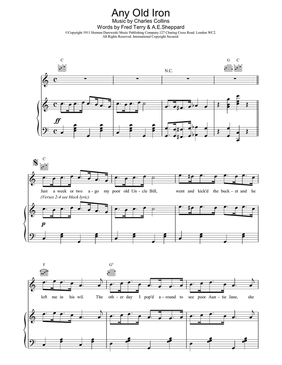 Any Old Iron Piano, Vocal, Guitar scores gallery preview page 1