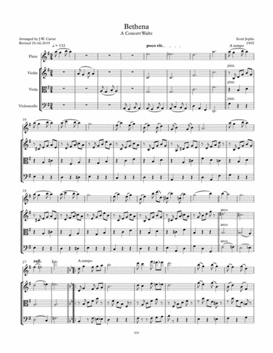Bethena, A Concert Waltz Waltz (1905), by Scott Joplin, arranged for Flute & String Trio. image number null