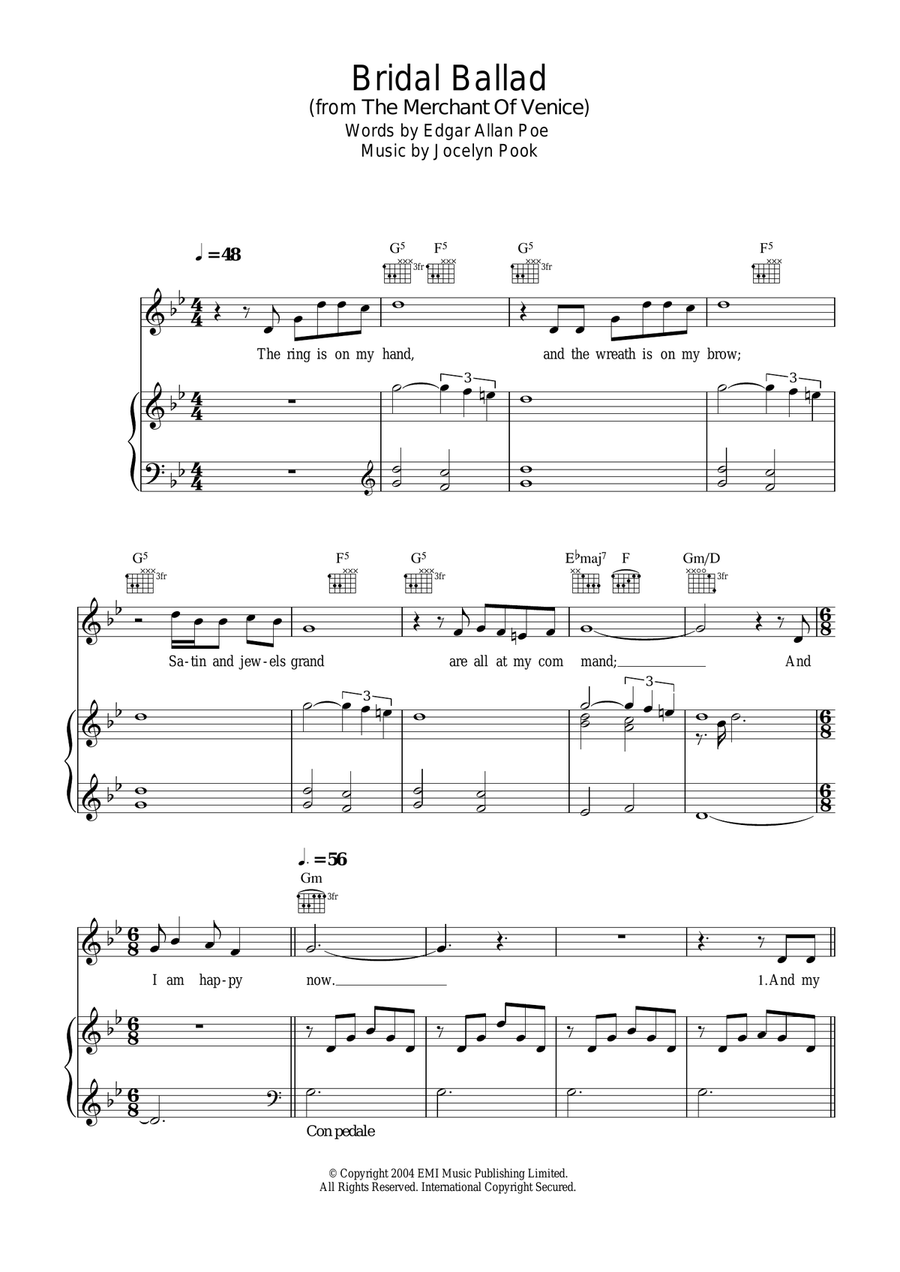 Bridal Ballad (from The Merchant Of Venice) Piano, Vocal, Guitar scores gallery preview page 1