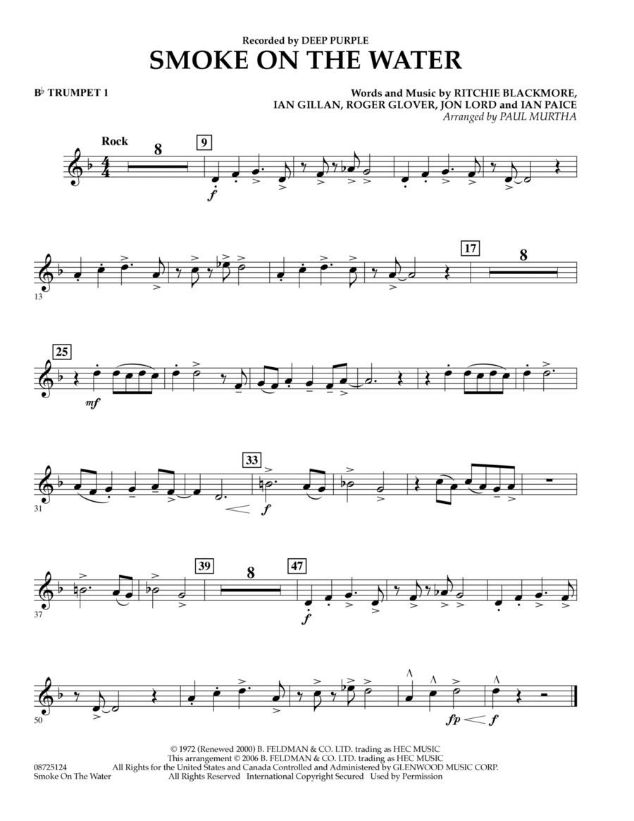 Smoke on the Water - Bb Trumpet 1 B-Flat Trumpet scores gallery preview page 1