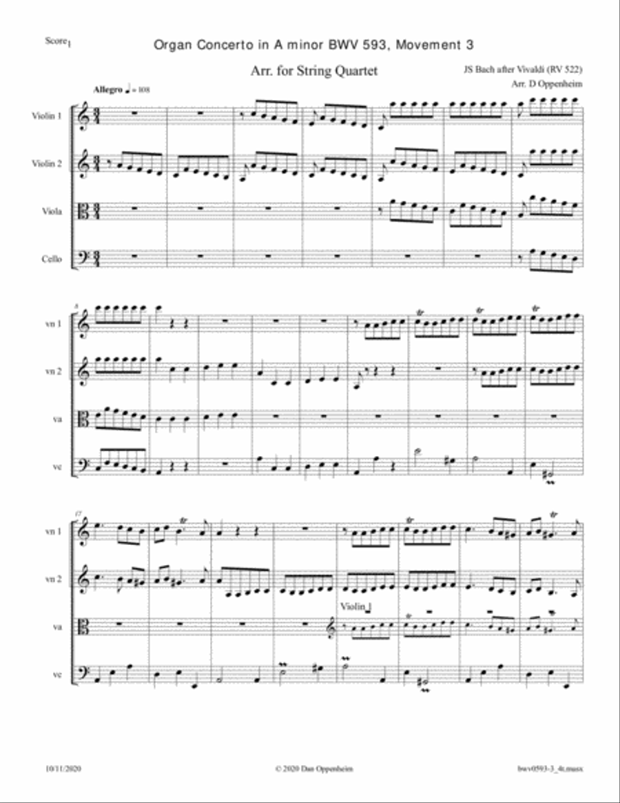 Bach: Concerto in A minor BWV 593-3 after Vivaldi, Mvt 3 arr. for StringQuatetrte String Quartet scores gallery preview page 1