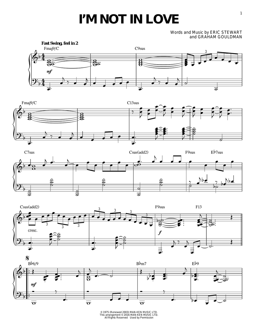 I'm Not In Love [Jazz version] (arr. Brent Edstrom) Piano Solo scores gallery preview page 1