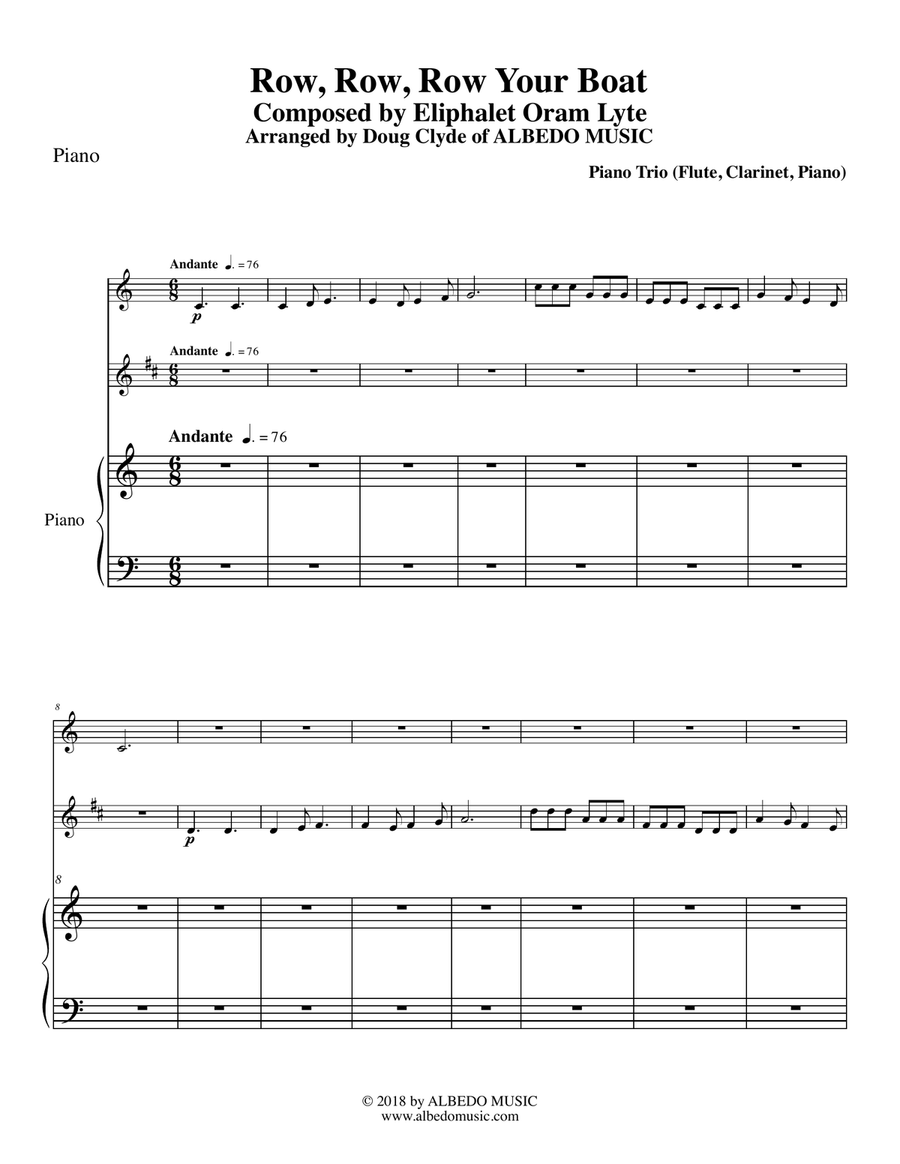 Row, Row, Row Your Boat for Flute, Clarinet & Piano Woodwind Duet scores gallery preview page 1