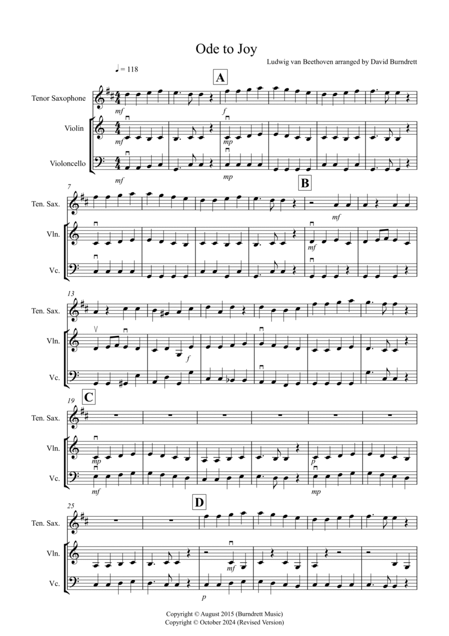 Ode to Joy for Tenor Saxophone, Violin and Cello Trio Small Ensemble scores gallery preview page 1