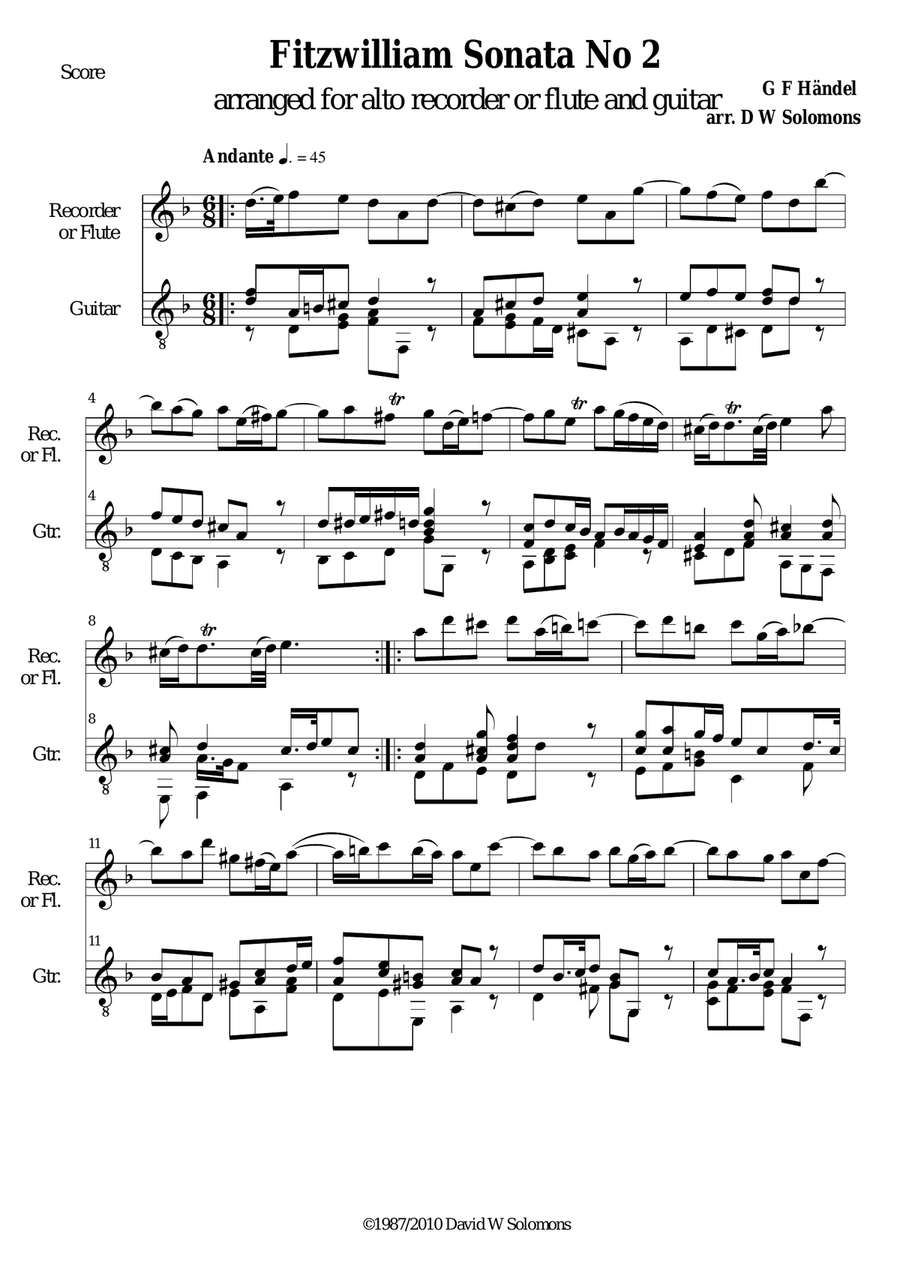 Fitzwilliam sonata for alto recorder or flute and guitar Flute scores gallery preview page 1