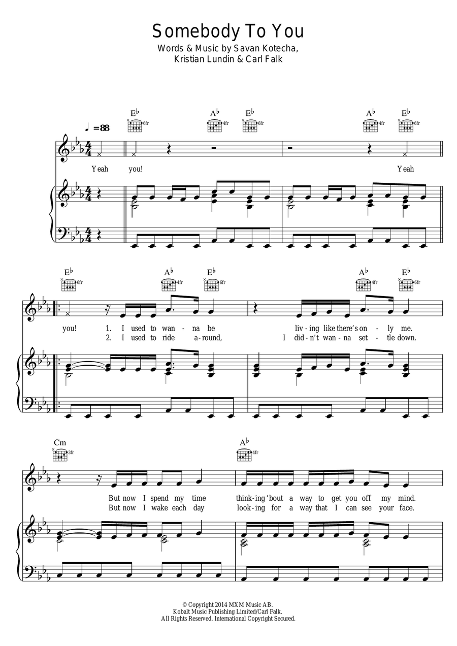 Somebody To You (featuring Demi Lovato) Piano, Vocal scores gallery preview page 1