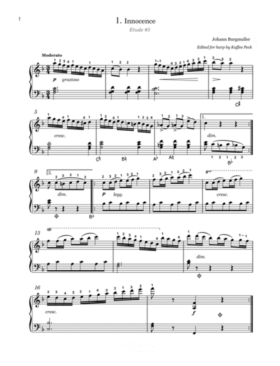 Burgmuller 22 Progressive Etude selected from Opus 100, edited for Harp Solo