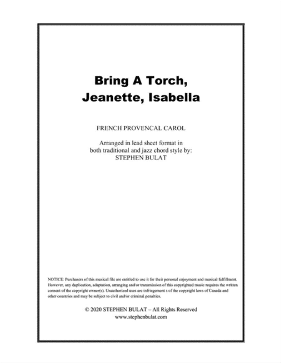 Bring A Torch, Jeanette, Isabella - Lead sheet arranged in traditional and jazz style (key of A)