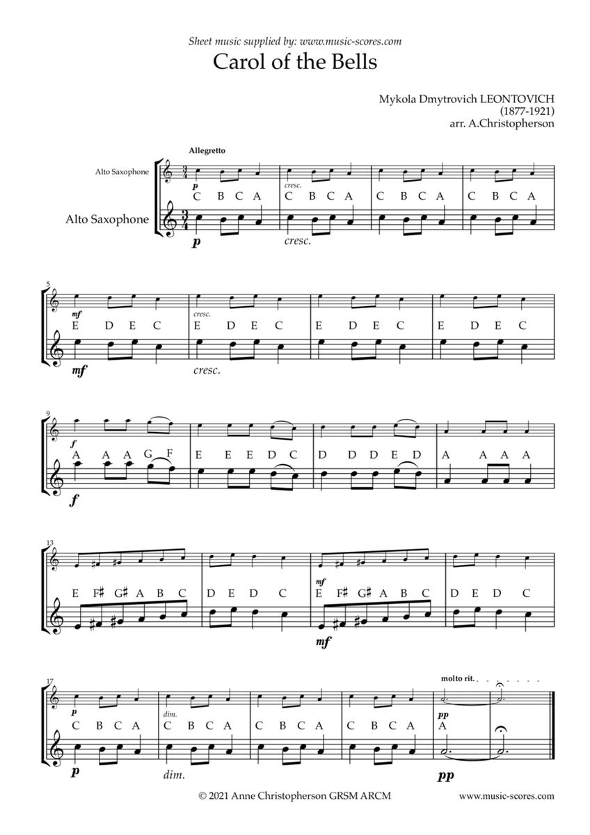Carol of the Bells - Easy Alto Sax with note names image number null