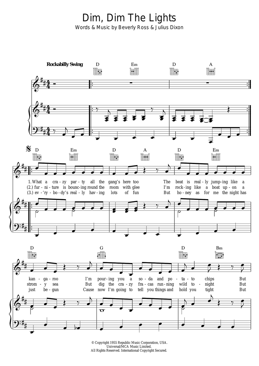 Dim, Dim The Lights Piano, Vocal scores gallery preview page 1