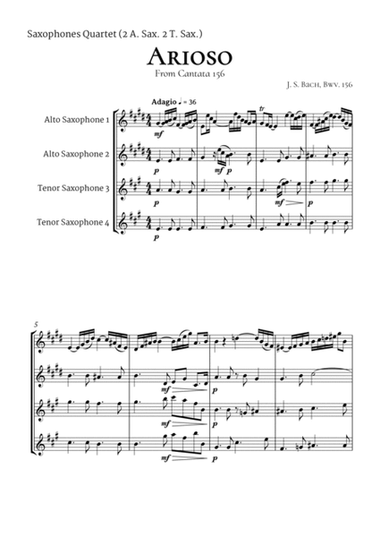 Arioso Bach Saxophone Quartet 2 Alto 2 Tenor by Johann Sebastian Bach Saxophone Quartet - Digital Sheet Music