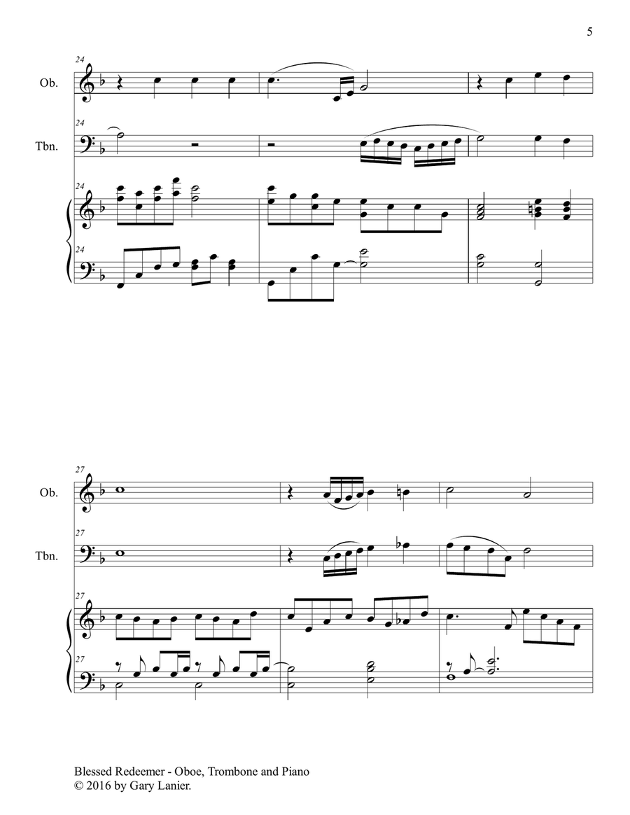 3 FAVORITE HYMNS (Trio - Oboe, Trombone & Piano with Score/Parts) Trombone Duet scores gallery preview page 6