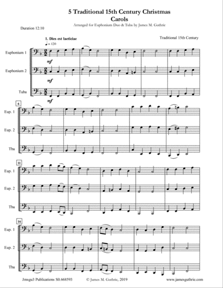 5 Traditional 15th Century Christmas Carols for Euphonium Duo & Tuba Brass Duet scores gallery preview page 1