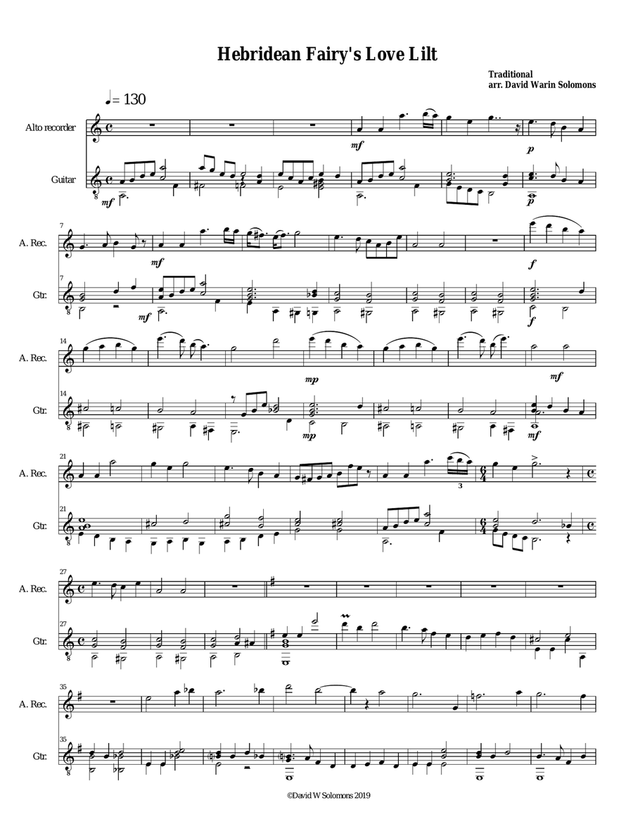 Hebridean fairy's love song (Tha Mi sgith) arranged for alto recorder and guitar Alto Recorder scores gallery preview page 1