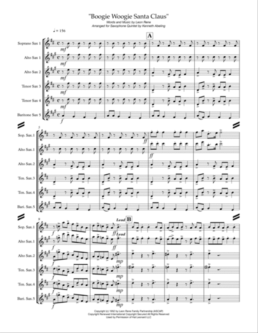 Boogie Woogie Santa Claus Saxophone Quintet scores gallery preview page 2