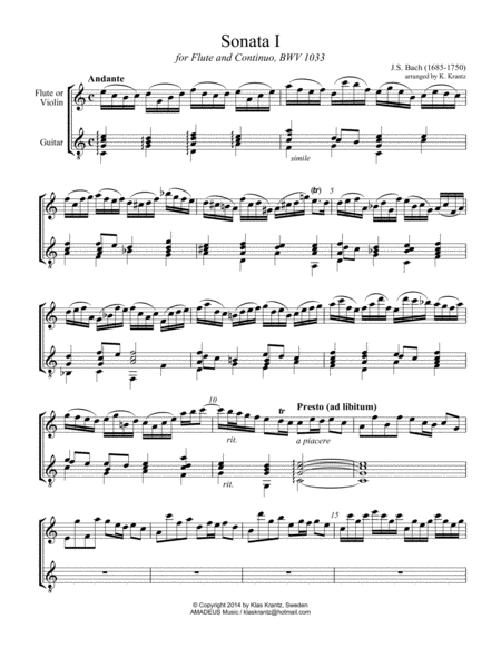 Sonata 1, BWV 1033 for flute or violin and classical guitar image number null