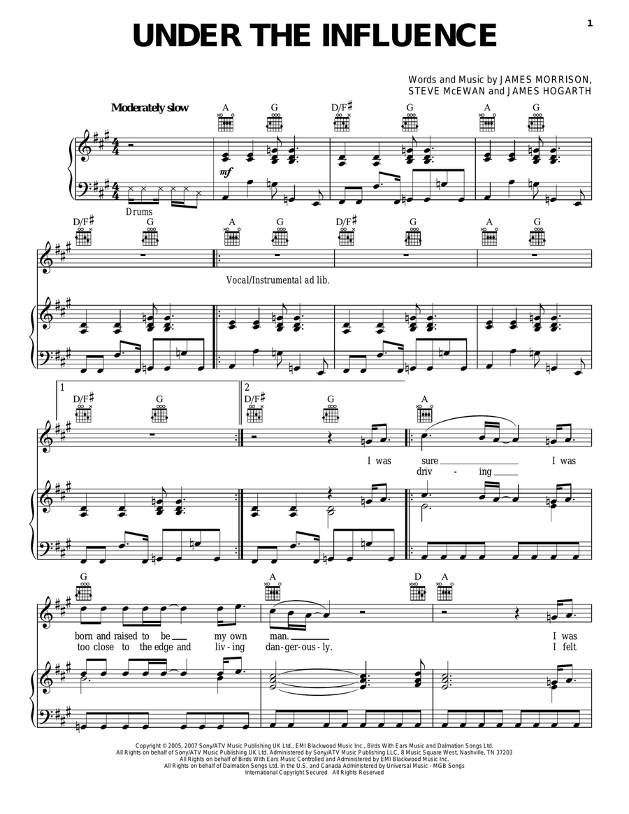 Under The Influence Piano, Vocal, Guitar scores gallery preview page 1