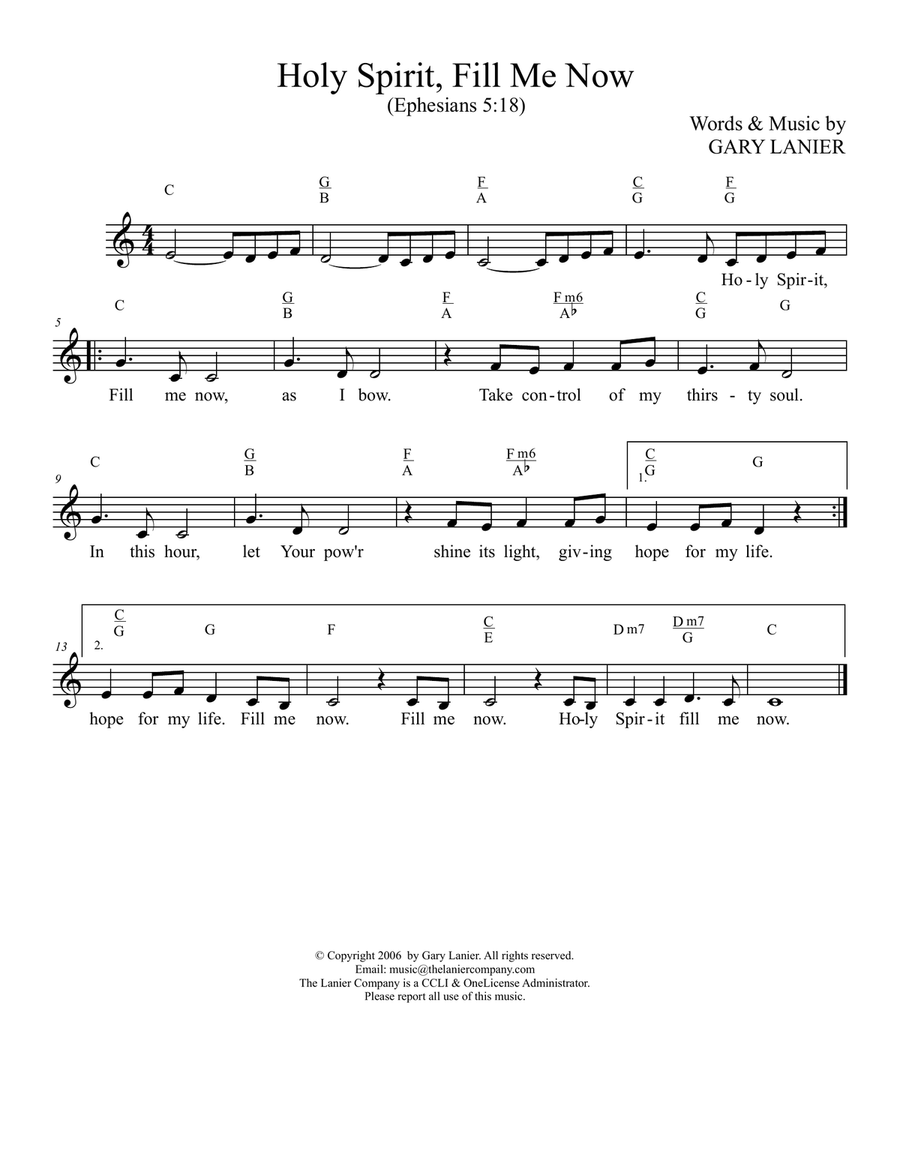 HOLY SPIRIT FILL ME NOW, Worship Lead Sheets, Keys C & D (Includes melody, lyrics and chords) image number null