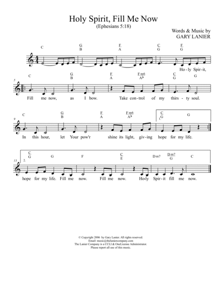 HOLY SPIRIT FILL ME NOW, Worship Lead Sheets, Keys C & D (Includes melody, lyrics and chords) image number null