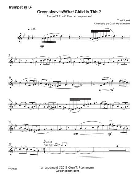 WHAT CHILD IS THIS? (Greensleeves) - TRUMPET SOLO with Piano Accompaniment Trumpet Solo - Digital Sheet Music