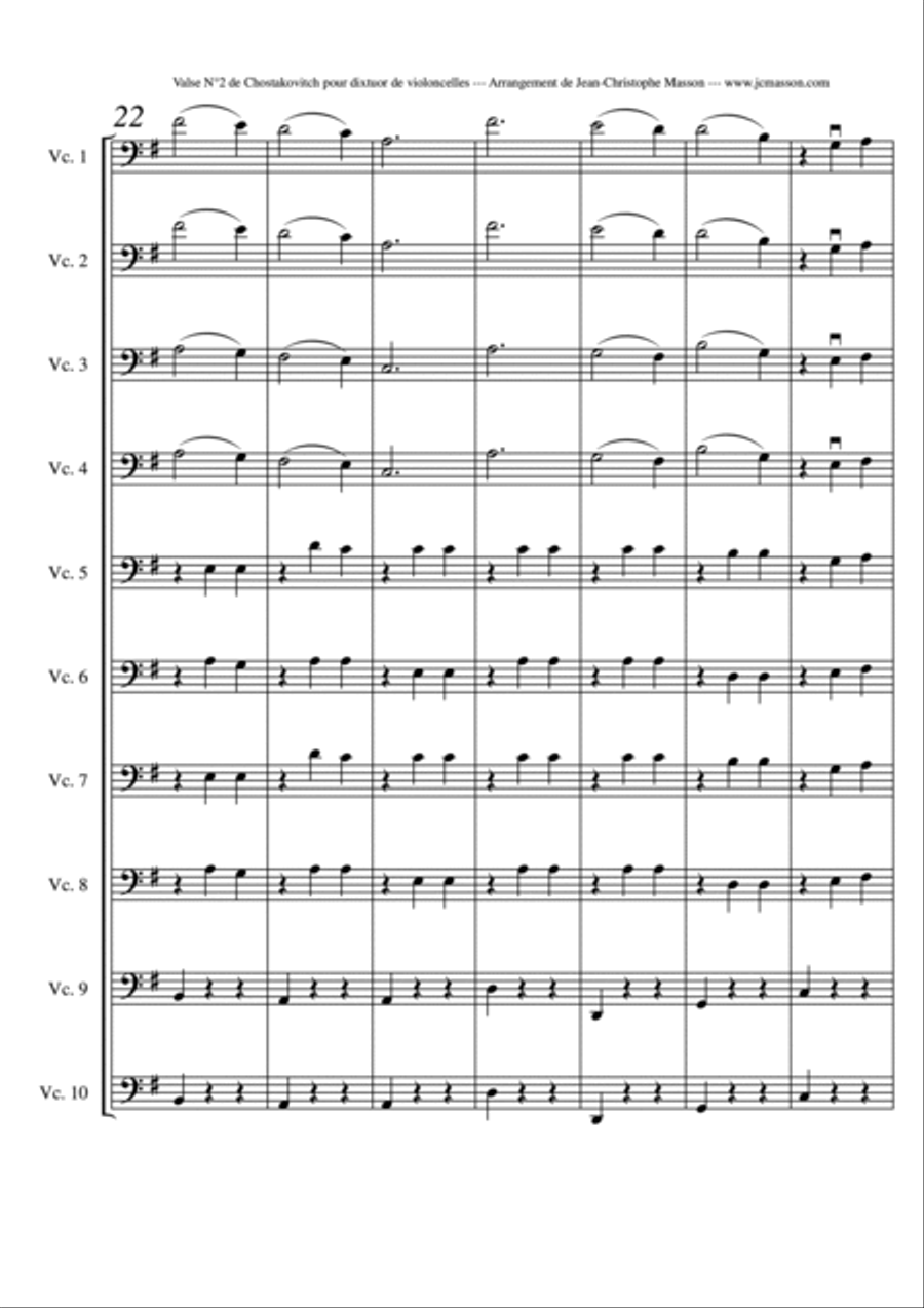 Valse n°2 by Chostakovitch for 10 cellos --- FULL SCORE AND PARTS --- Arrangement by Jean-Christoph Cello scores gallery preview page 5