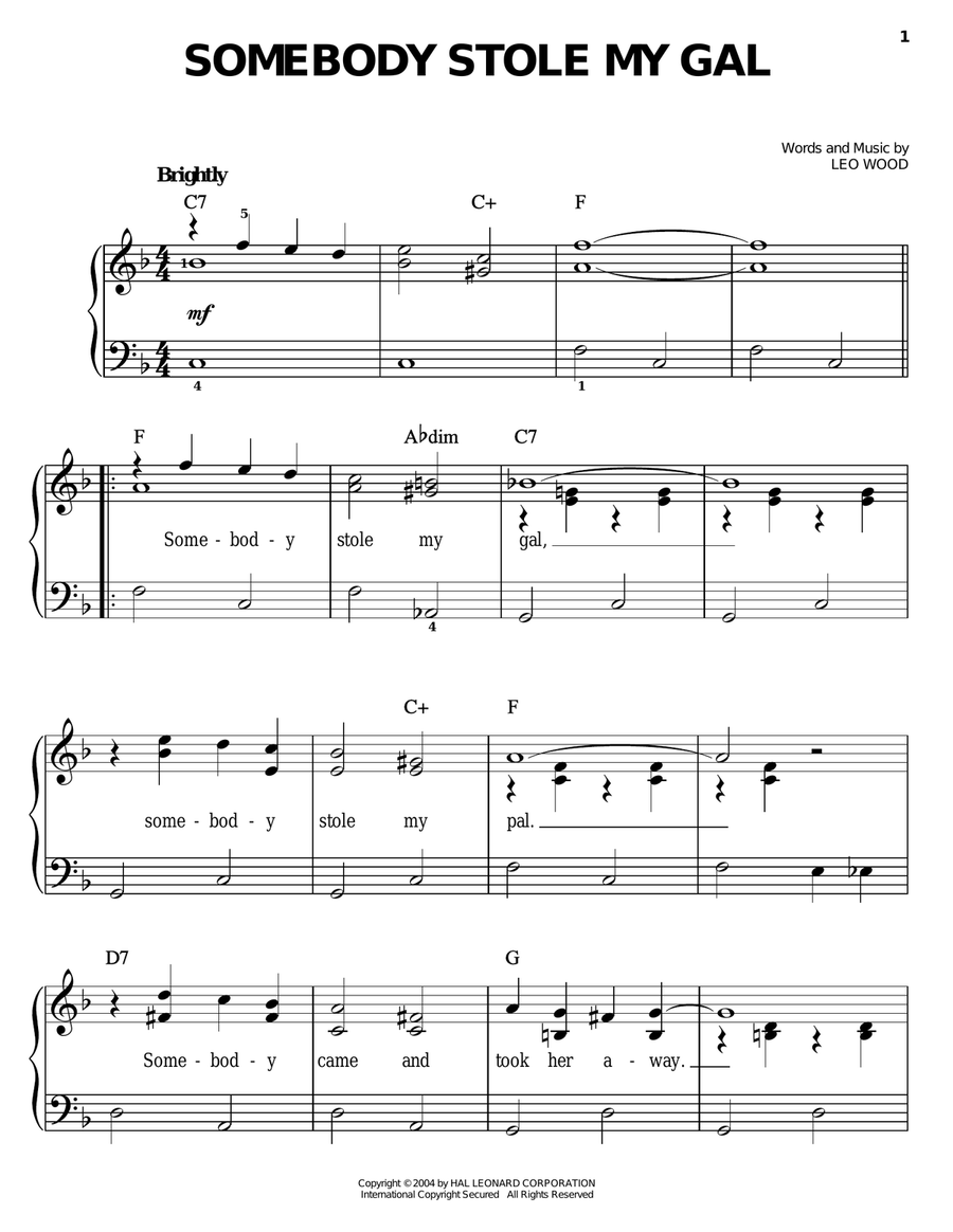 Somebody Stole My Gal Somebody Stole My Gal Easy Piano scores gallery preview page 1