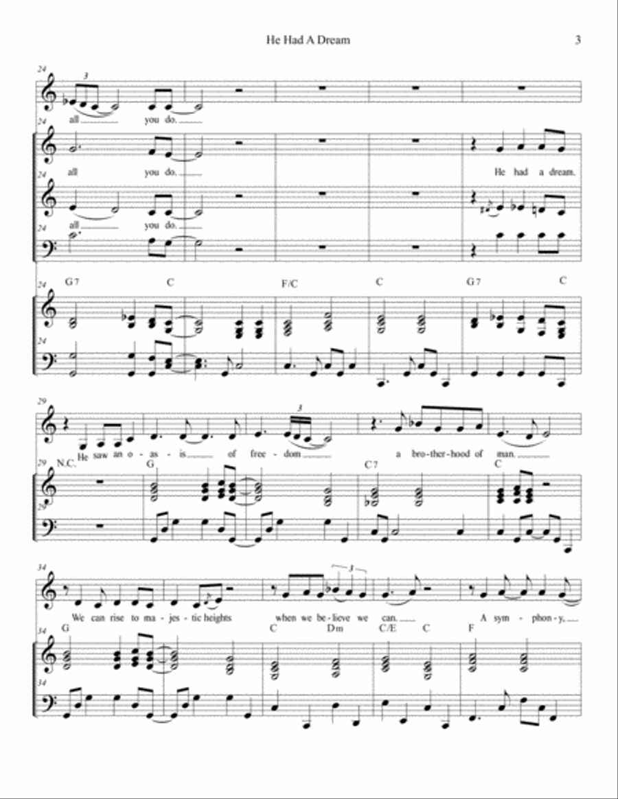 He Had A Dream, a Gospel style ML King tribute song 3-Part scores gallery preview page 3