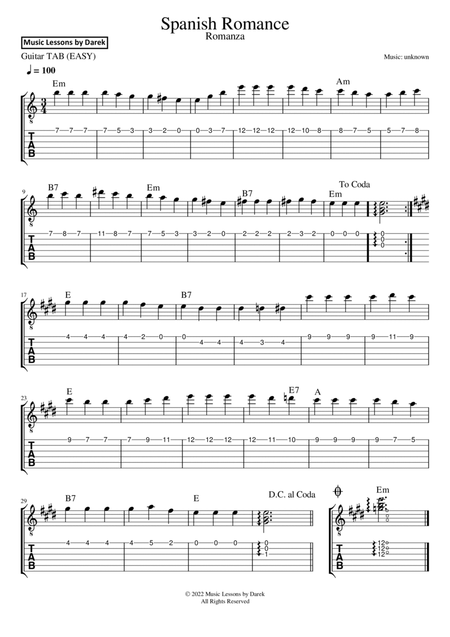 Spanish Romance Romance d Amour Romanza GUITAR TAB