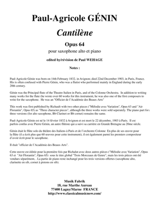 Book cover for Paul-Agricole Génin: Cantilène, Opus 64 for alto saxophone and piano