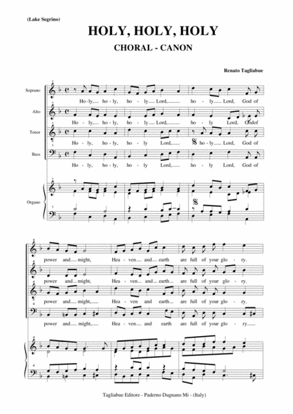 HOLY, HOLY, HOLY - Lake Segrino - Tagliabue - For SATB Choir and Organ - Choral Canon image number null
