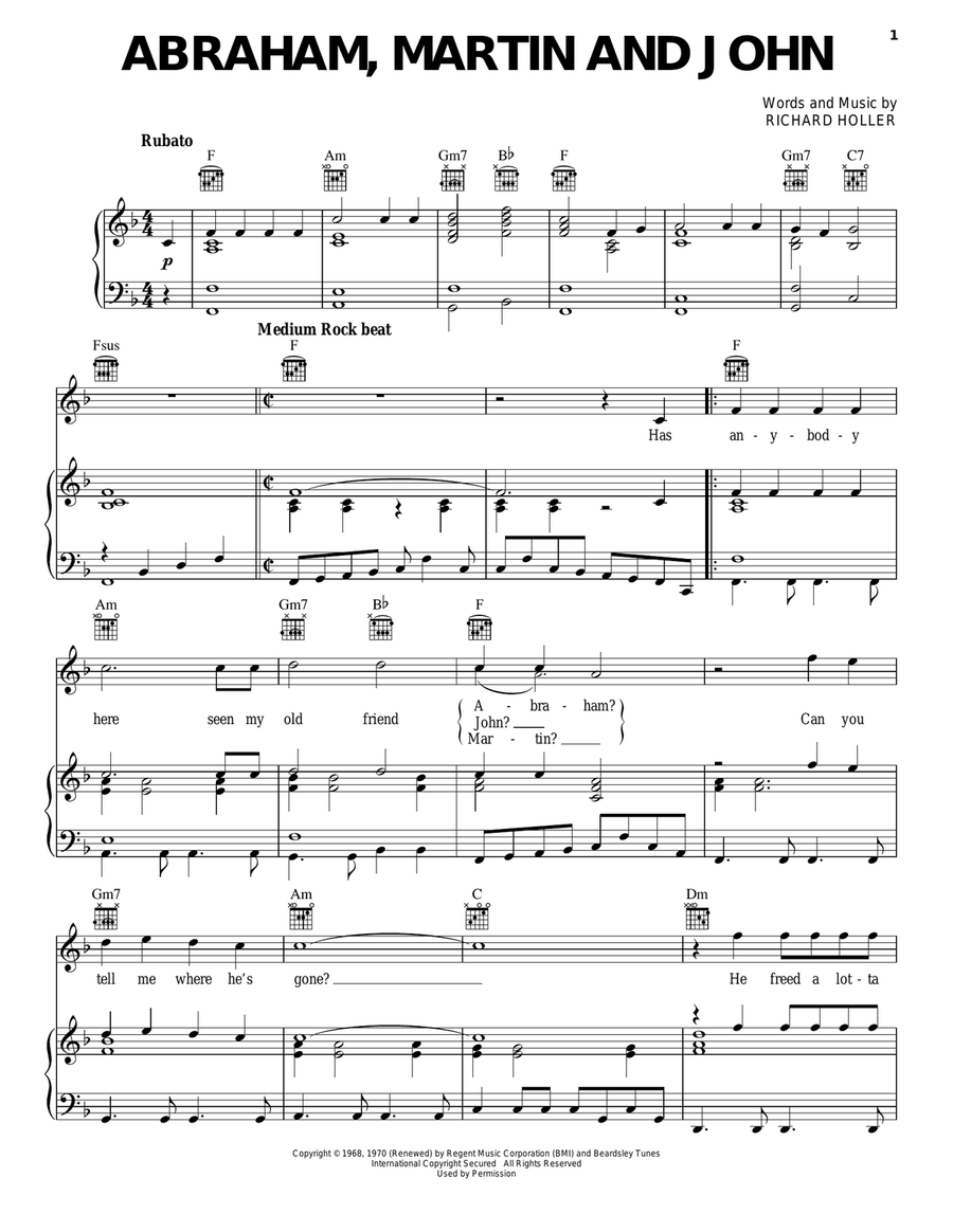 Abraham, Martin And John Piano, Vocal, Guitar scores gallery preview page 1
