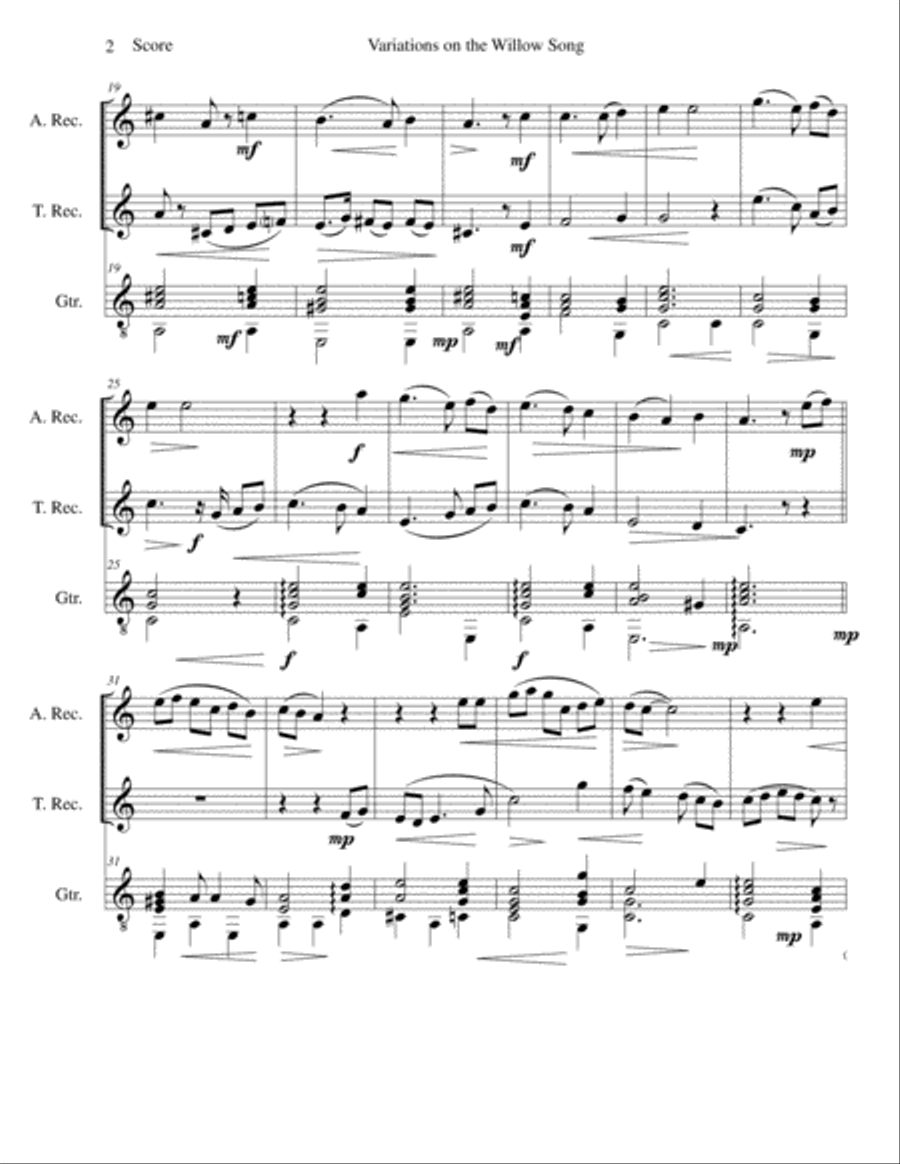 Variations on The Willow Song for alto and tenor recorders and guitar Alto Recorder scores gallery preview page 2