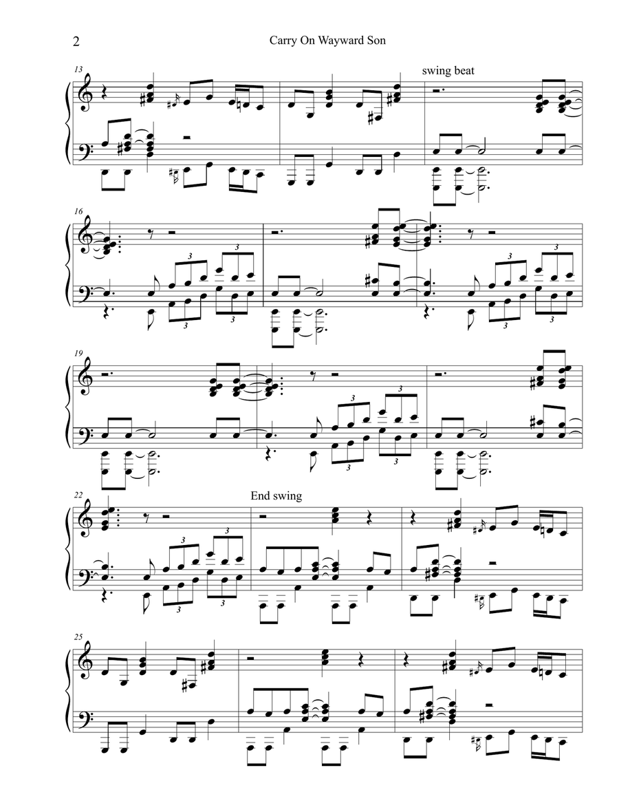 Carry On Wayward Son Piano Solo scores gallery preview page 2