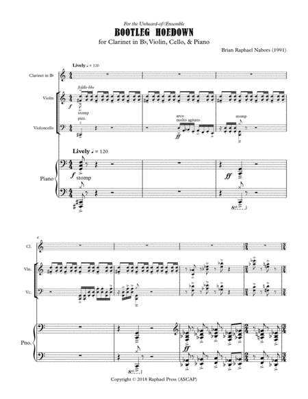 Bootleg Hoedown for Clarinet, Violin, Cello & Piano (Full Score + Parts) image number null