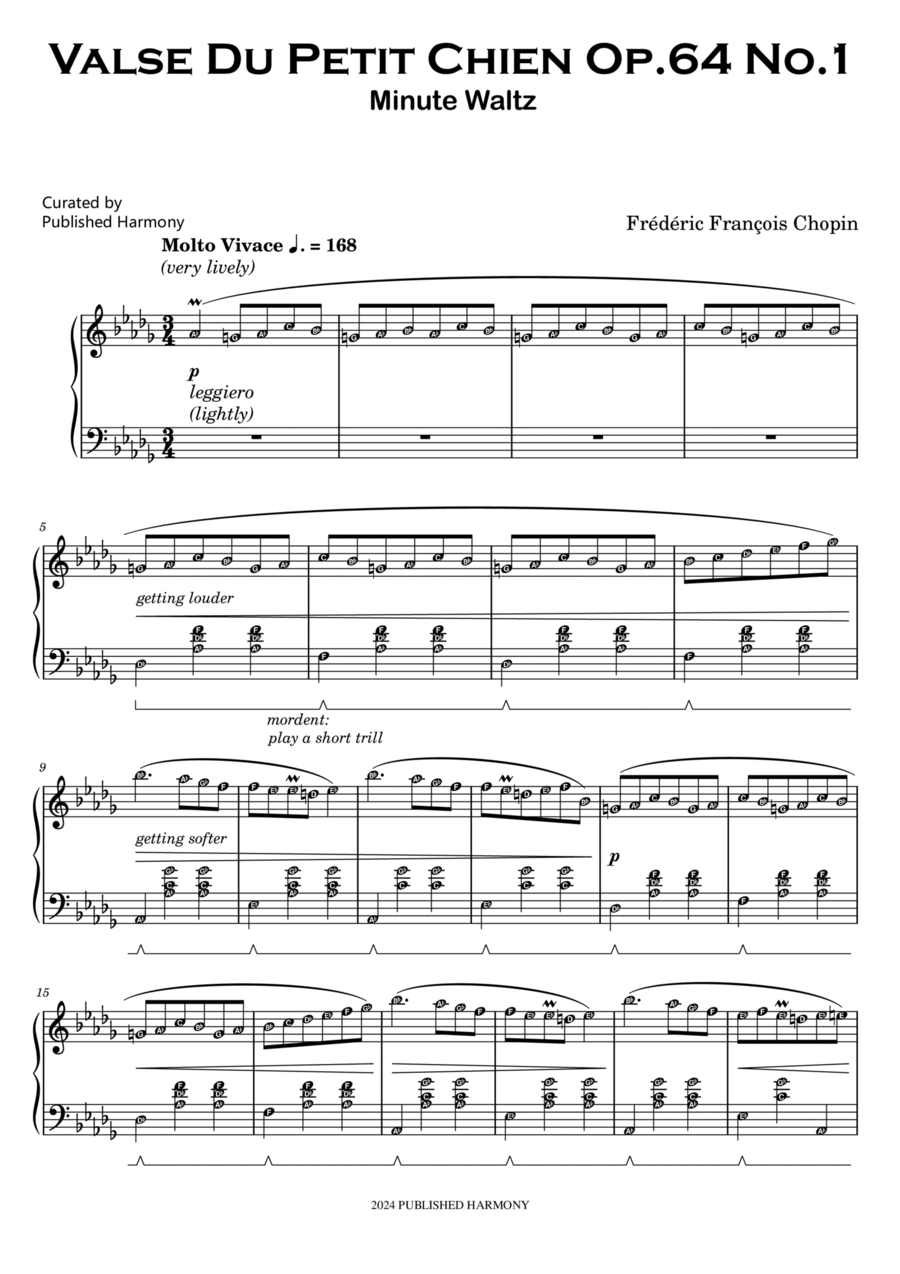Valse Du Petit Chien Minute Waltz Op. 64 No. 1 CHOPIN Piano Original Sheet Music Score with note nam Piano Method scores gallery preview page 1