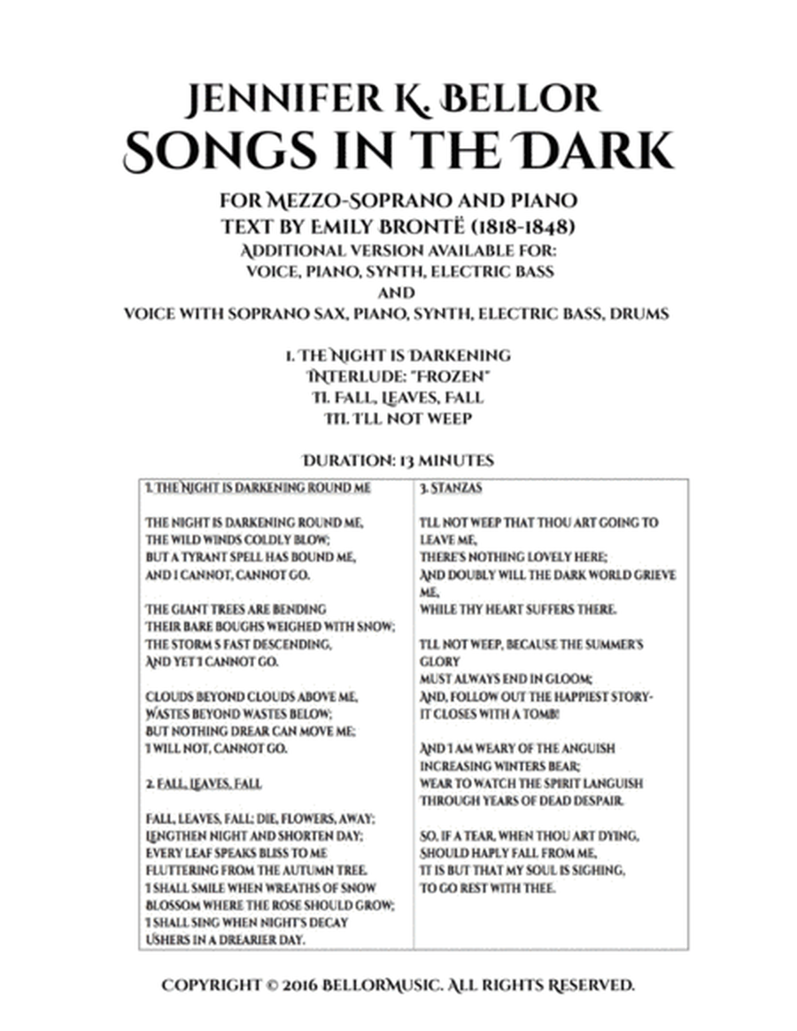 Songs in the Dark - song cycle for medium voice and piano (optional synth and electric bass) image number null
